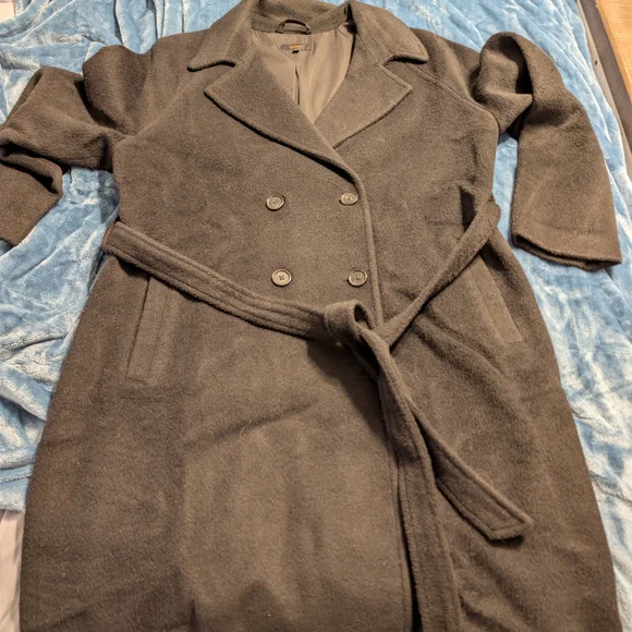 NWOT Quince Women's 100% Camel Hair Double Breasted Long Coat Large Black Belted - Picture 3 of 8